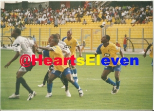 Samuel Afum in a league action for Hearts. He missed a lot of chances in his first game against Kotoko, but he scored back-to-back when he found his feet against the old enemy in the 2009/10 season.
