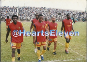 Edmund Copson, second from right, scored for 10-man Hearts to beat Kotoko in Kumasi in 1999.