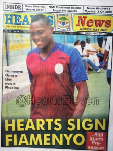 Front Page of Accra Hearts of Oak official mouthpiece HEARTS NEWS when Fiamenyo joined the club.